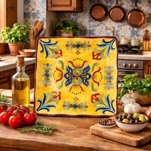 Vibrant Maxcera "Yellow Talavera" Square Stoneware Platter – Like New!